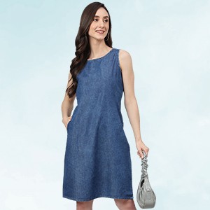 Janasya Women's Blue Denim Solid Straight Western Dress